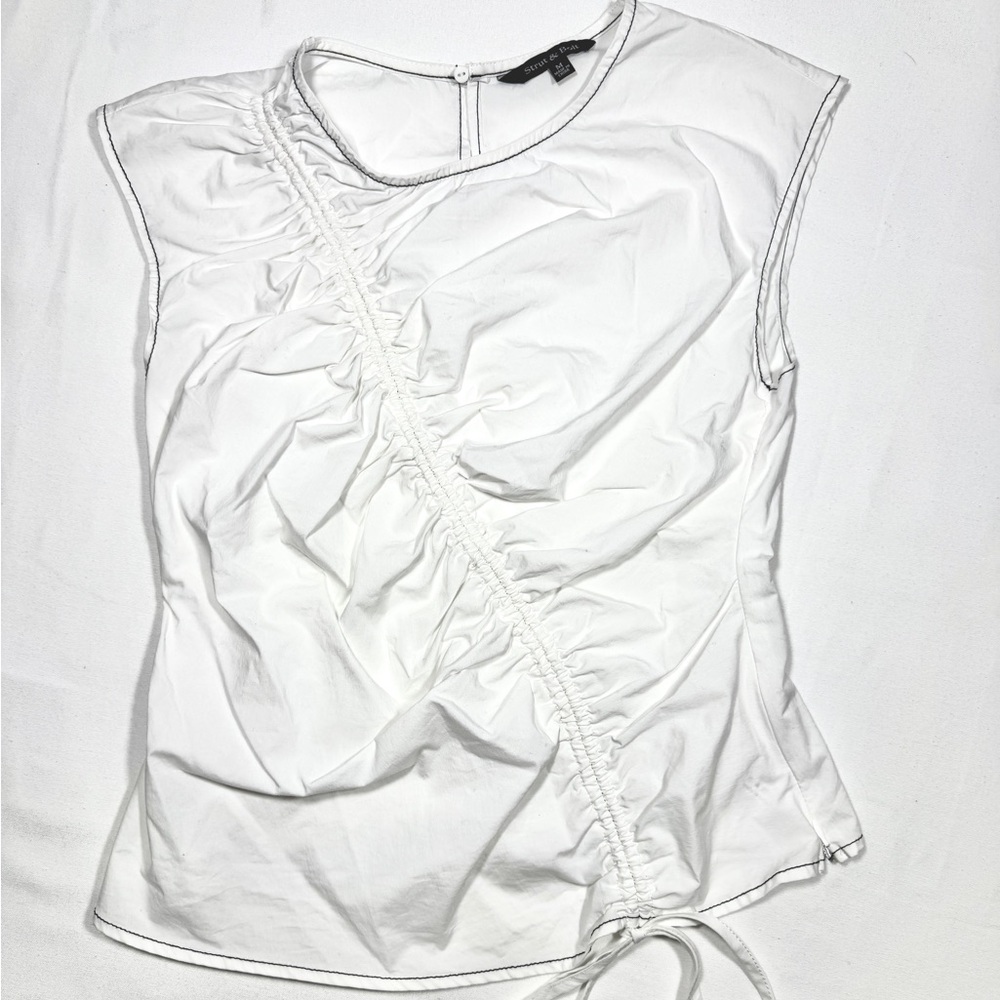 Strut & Bolt Womens Medium White Ruched Top Side Tie Blouse Contrast Stitch